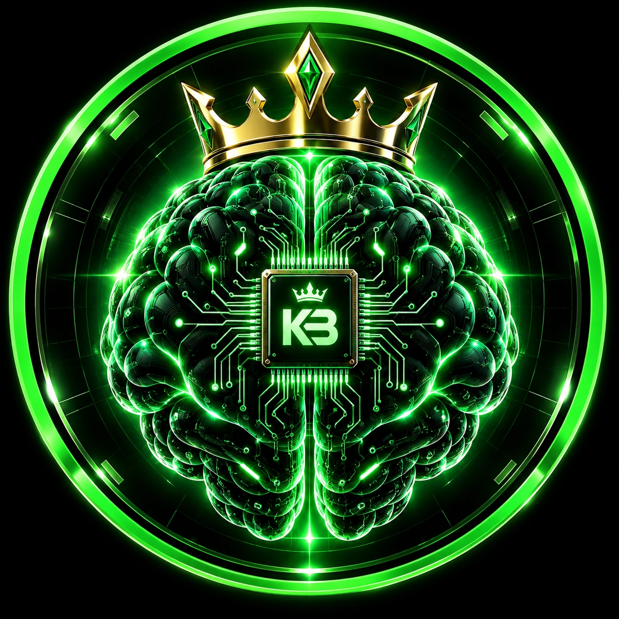 AI portfolio: emerald circuit brain with a gold crown, KB processor and complete green ring