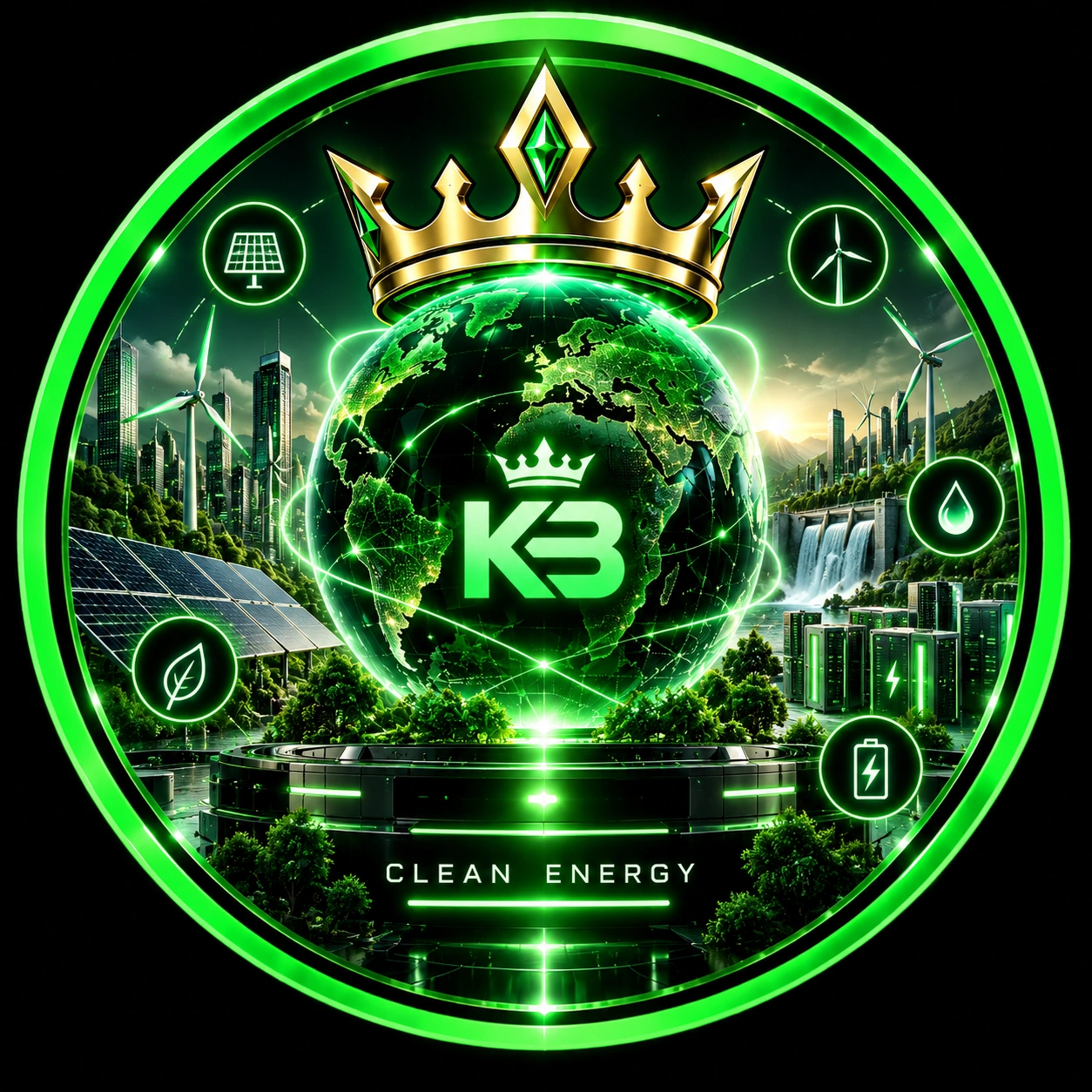 Clean Energy portfolio: crowned KB globe with solar panels, wind turbines, hydropower, batteries and a complete green ring