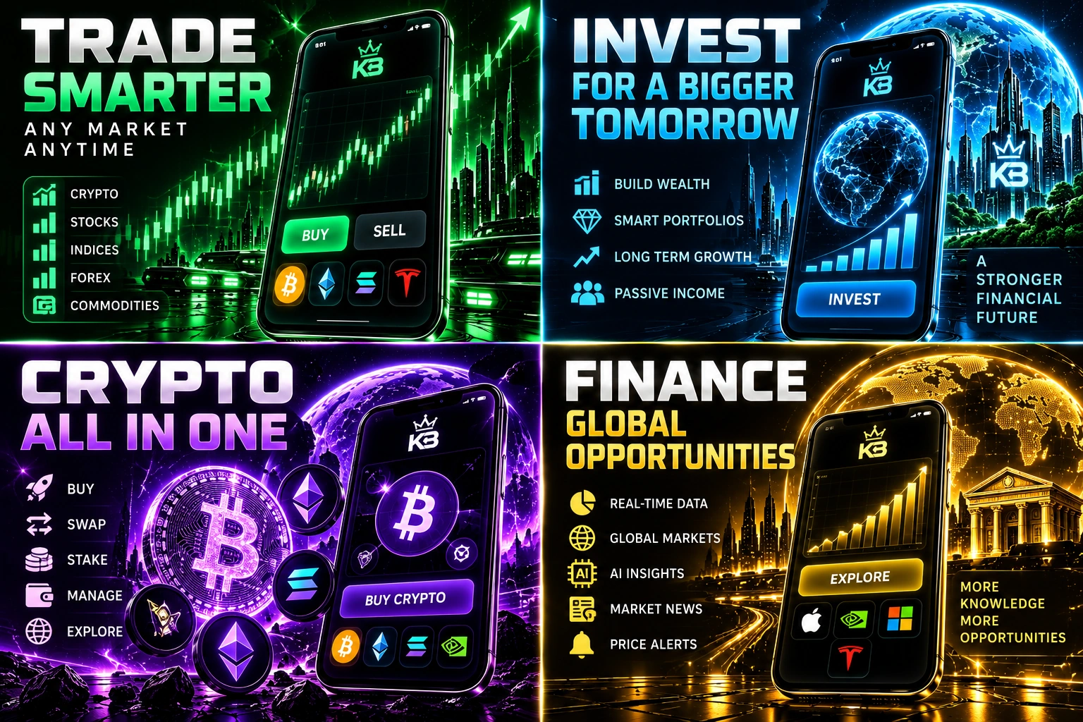 KINGBULLISH APP concept: Trade Smarter, Invest, Crypto All in One and Finance panels in green, blue, purple and gold; screens are illustrative, not live data