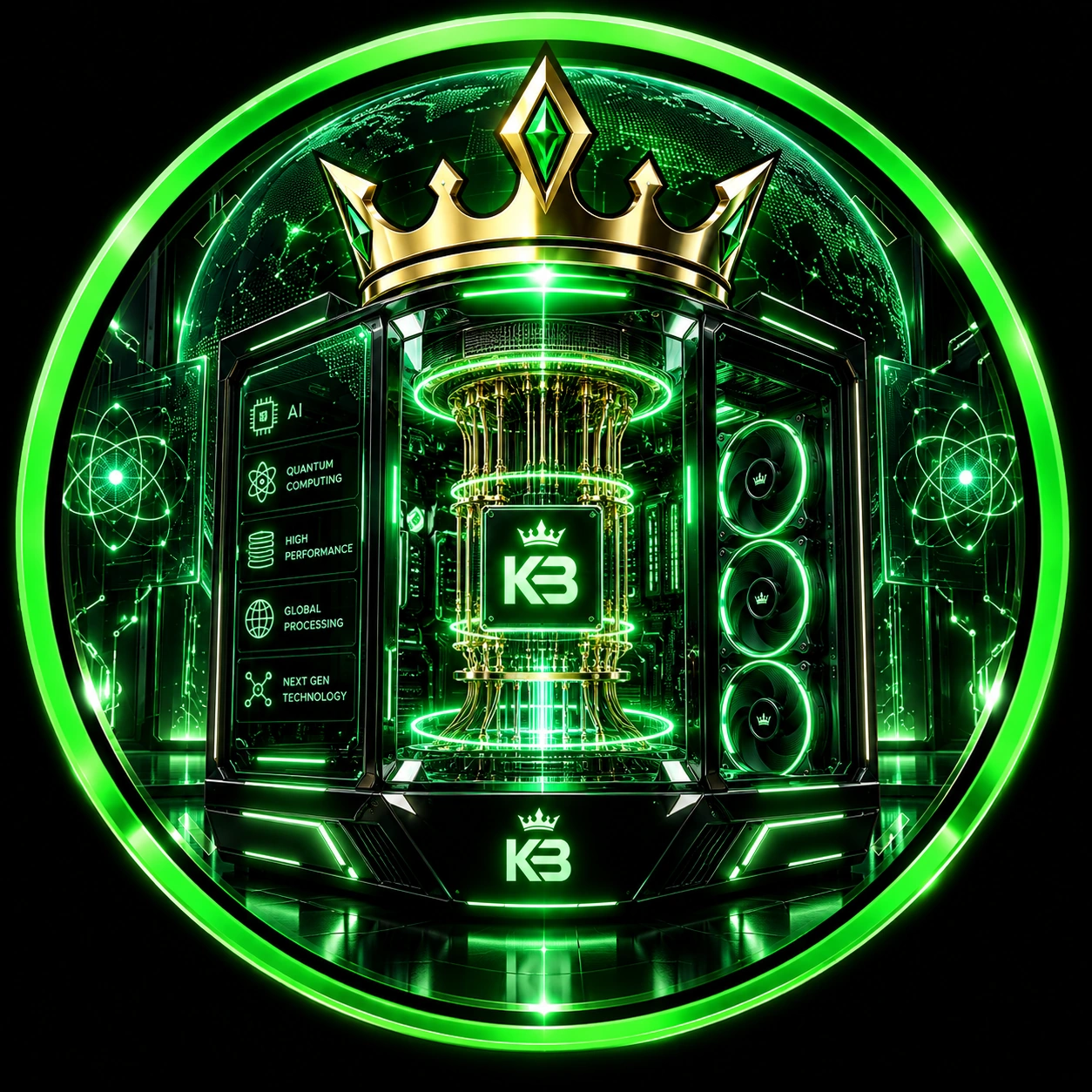 Quantum portfolio: crowned quantum computer with KB symbols and a complete emerald green ring
