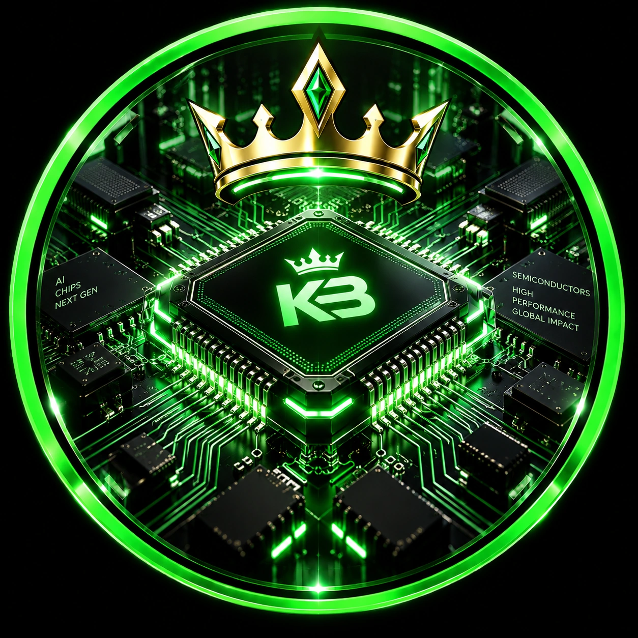 Semiconductors portfolio: crowned KB microchip on an emerald circuit board with a complete green ring