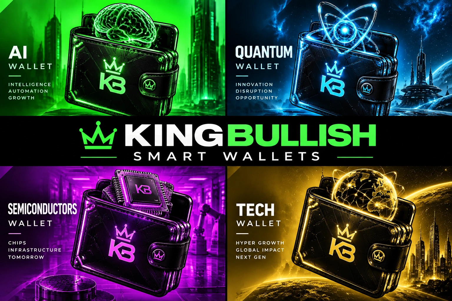 KINGBULLISH SMART WALLETS illustration: AI, Quantum, Semiconductors and Tech wallets in green, blue, purple and gold