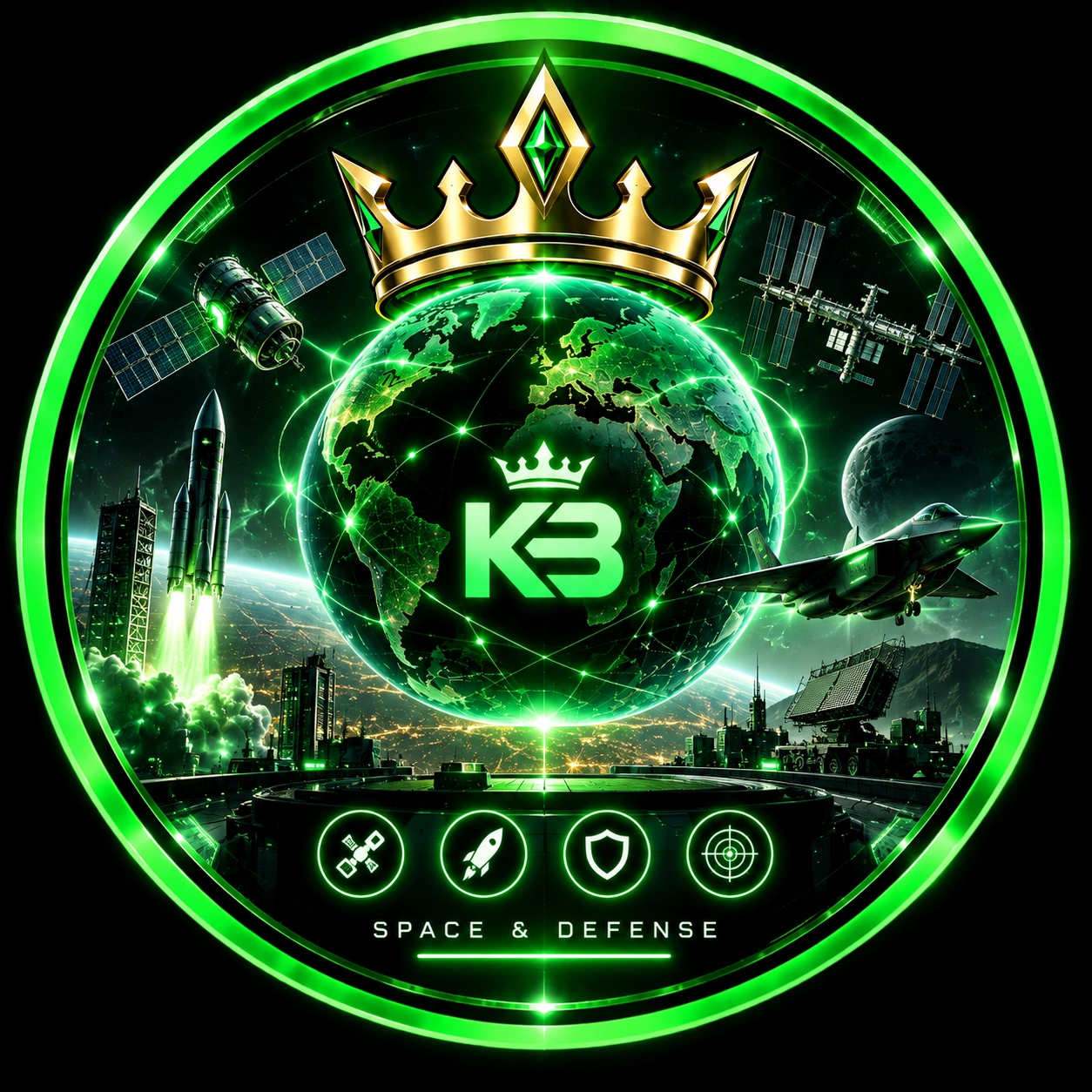 Space and Defense portfolio: crowned KB globe with satellites, rocket, aircraft, lettering and a complete green ring