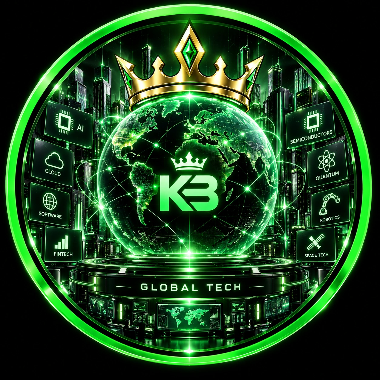 Tech portfolio: crowned connected globe with KB symbol, Global Tech lettering and a complete emerald ring